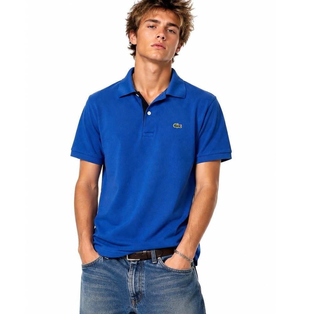 Lacoste Mens Blue Pique Polo Shirt Short Sleeve Made in France | Medium